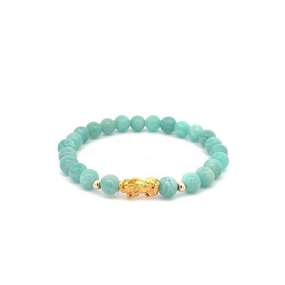 18K Gold Dragon Pixiu Piyao Lucky Charm Beads Bracelet Gemstones Amazonite Peru